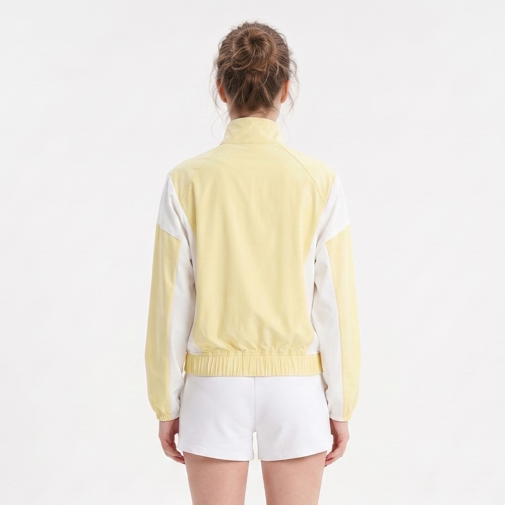 Back view showing the back of the woven twill color block sweatshirt with clean back panel