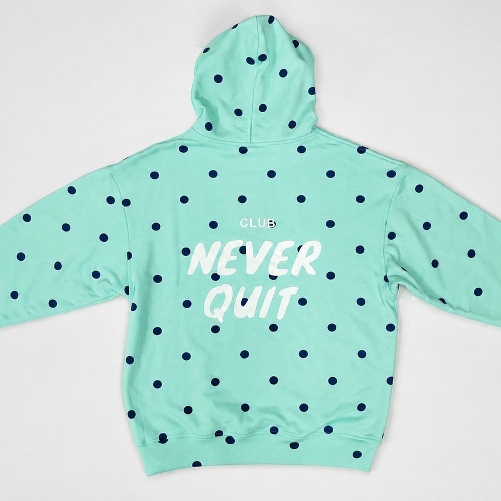 Flat back view of polka dot hooded sweatshirt