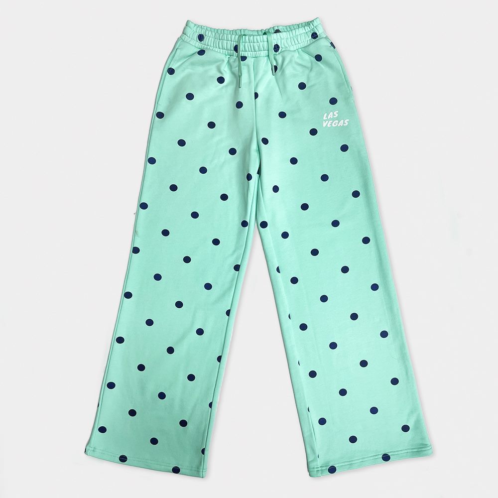 Front view of polka dot wide-leg sweatpants