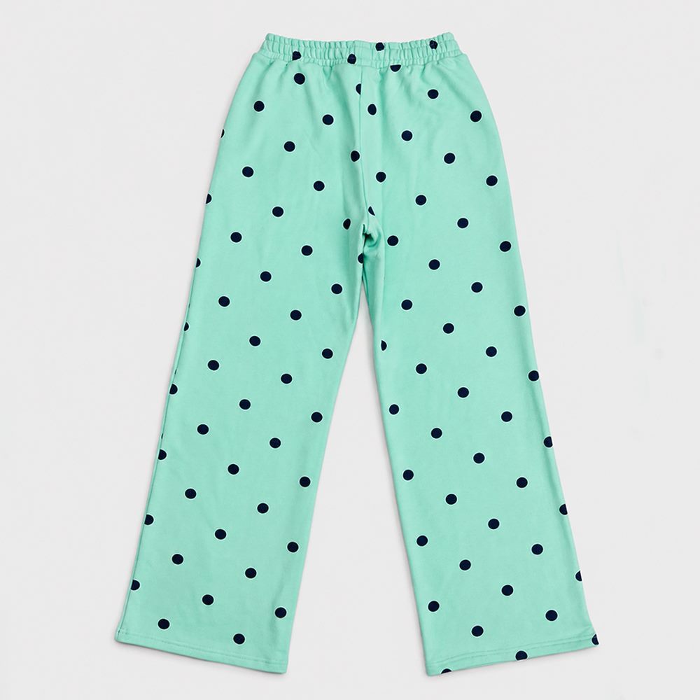 Back view of polka dot wide-leg sweatpants