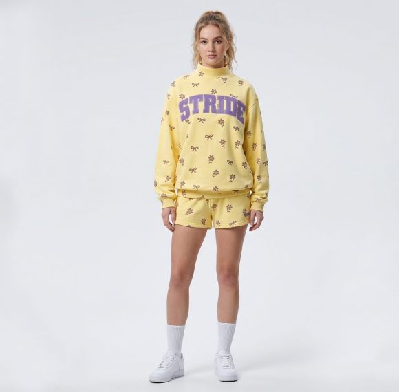 Custom 85% Cotton High Neck Embroidered Floral Sweatshirt & Shorts Set