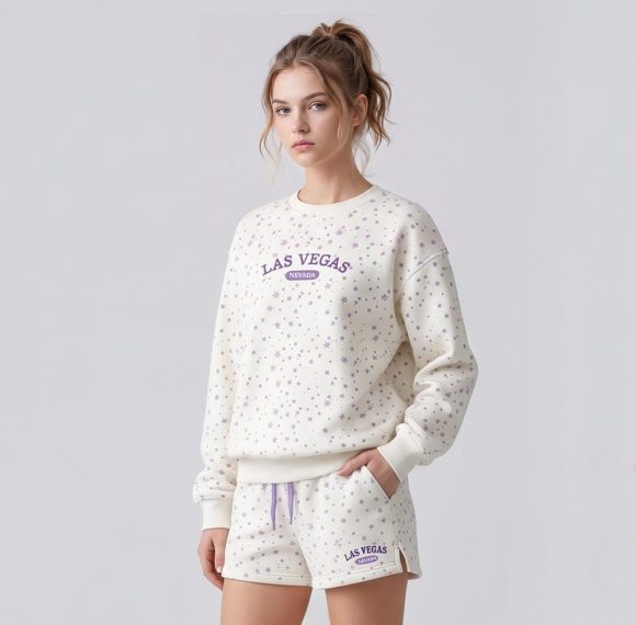 Custom European Fleece Snowflake Print Embroidered Crewneck & Shorts Set