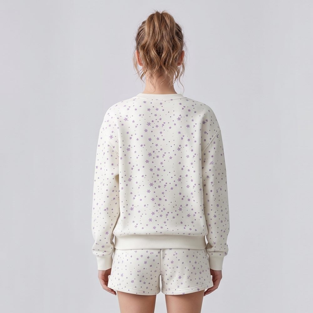 Back view of custom printed sweatshirt and shorts set