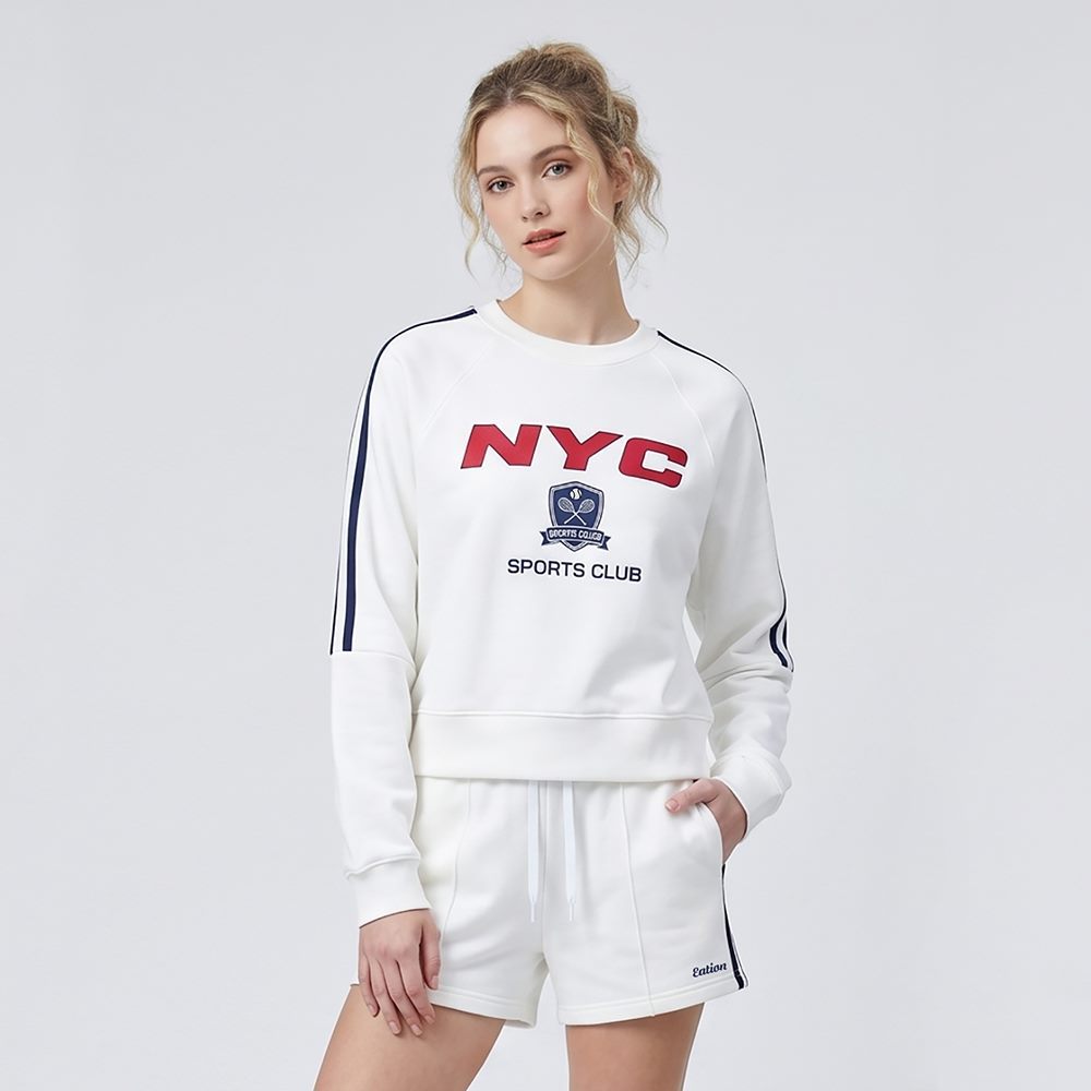 Front view of custom crewneck sweatshirt and contrast webbing shorts set