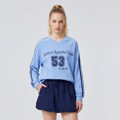 Custom Women's V-Neck Contrast Woven Tape Letter Print Sweatshirt