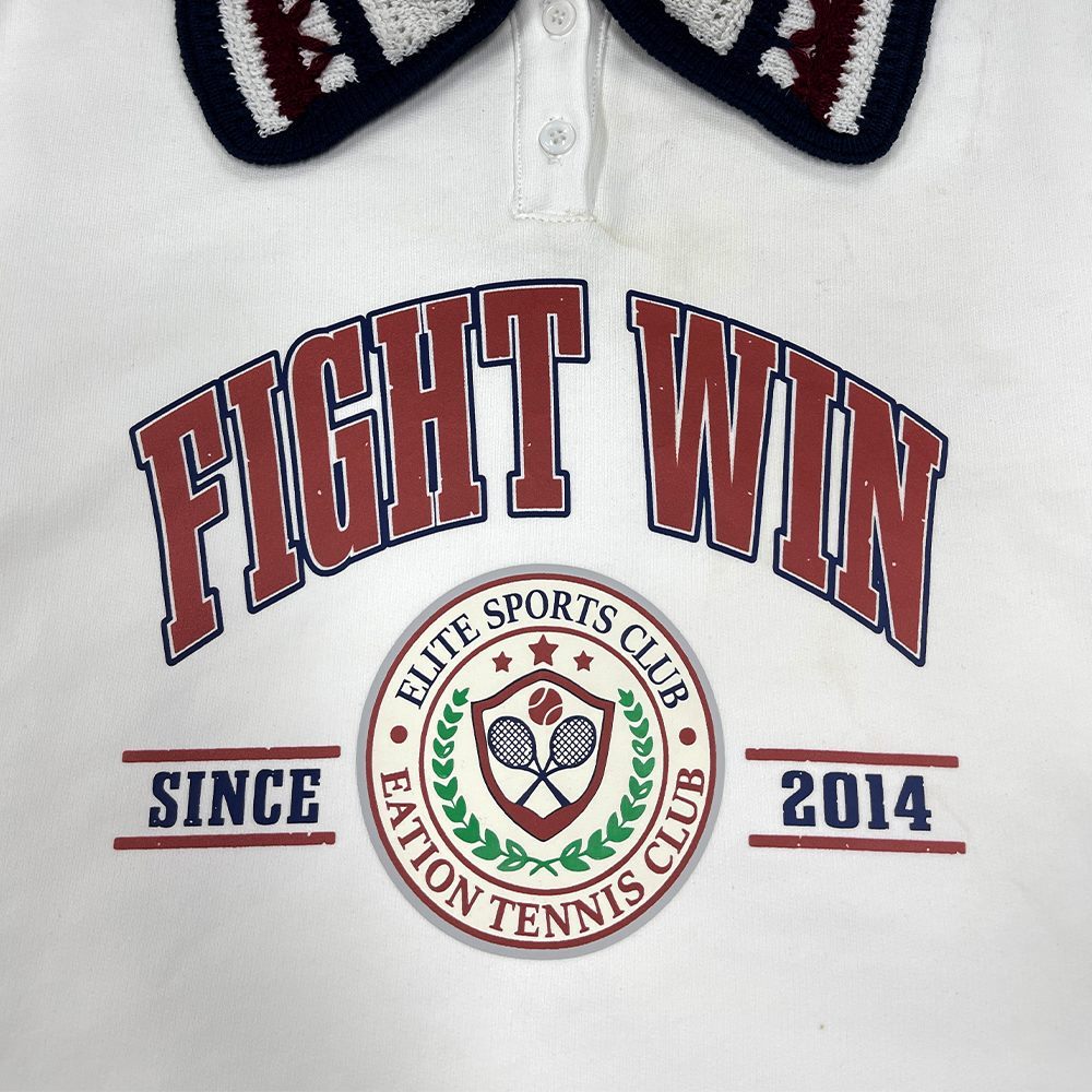Close view of sample varsity letter and badge print placement