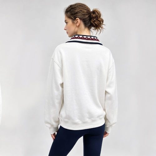 Custom 100% Cotton Women's Polo Collar Varsity Print Sweatshirt