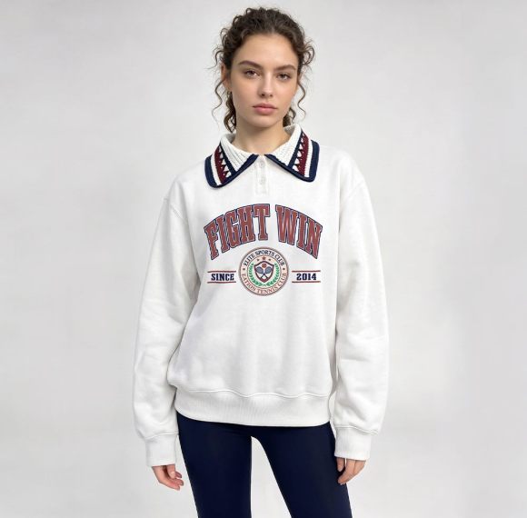 Custom 100% Cotton Women's Polo Collar Varsity Print Sweatshirt
