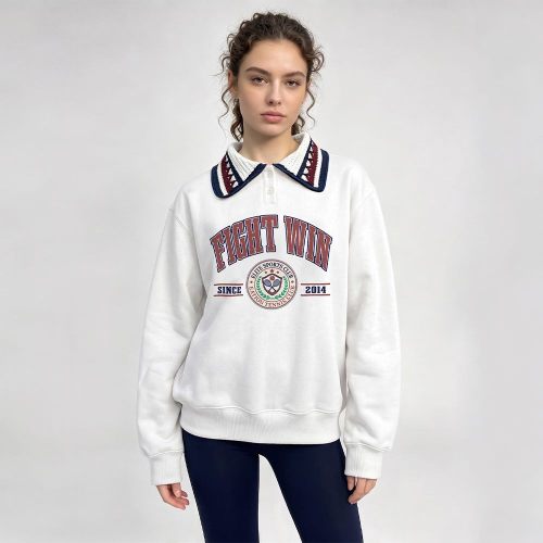 Custom 100% Cotton Women's Polo Collar Varsity Print Sweatshirt
