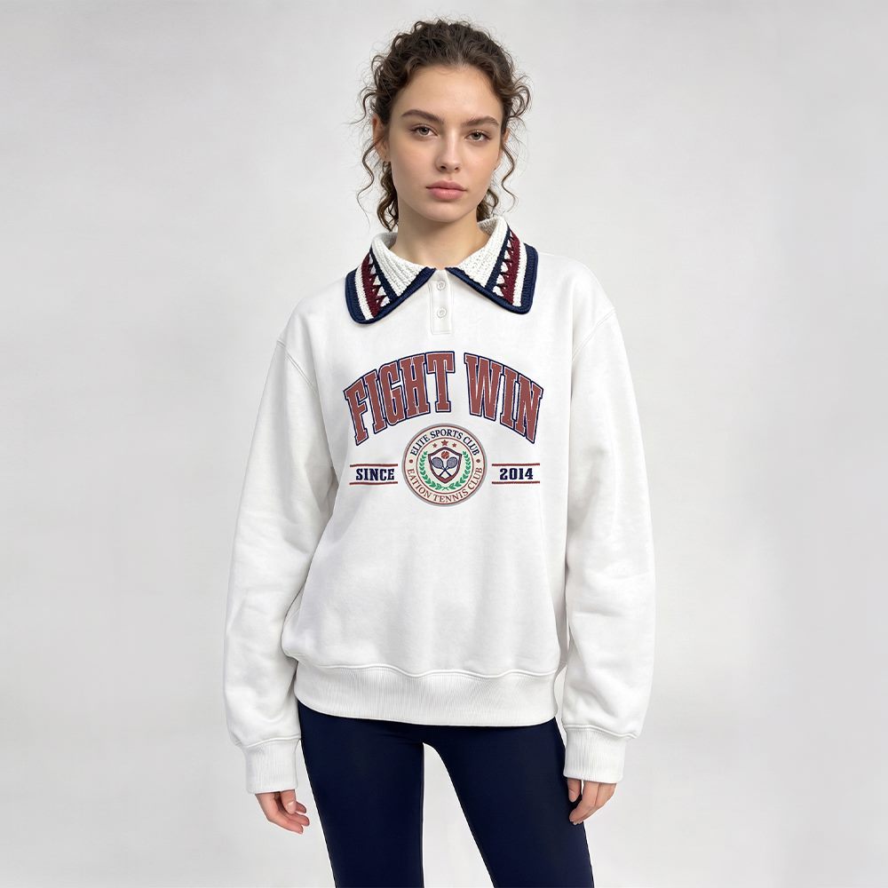 Front view of custom cotton polo collar varsity print sweatshirt