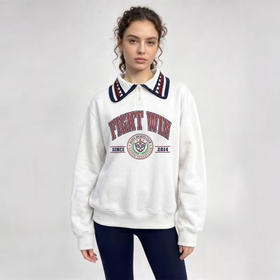 Custom 100% Cotton Women's Polo Collar Varsity Print Sweatshirt