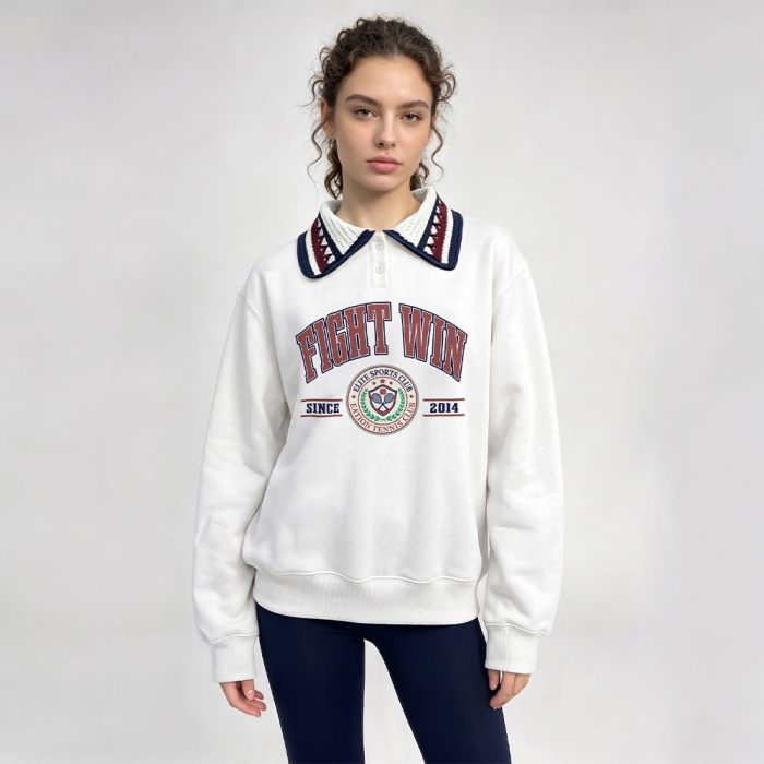 Custom 100% Cotton Women's Polo Collar Varsity Print Sweatshirt
