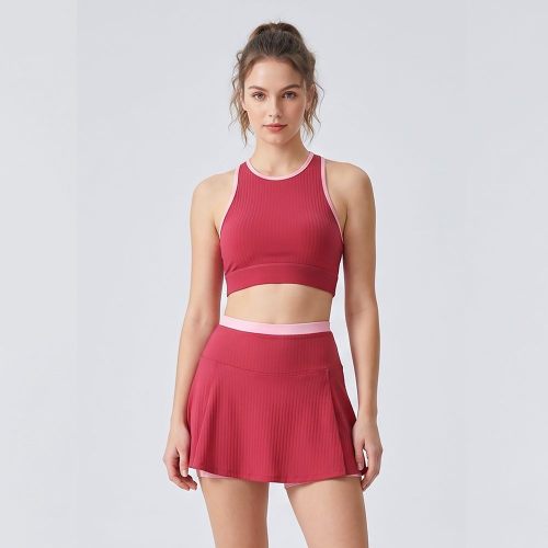 Custom Wide Rib Contrast Binding Sports Bra Side-Slit Tennis Skort Set