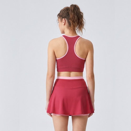 Custom Wide Rib Contrast Binding Sports Bra Side-Slit Tennis Skort Set