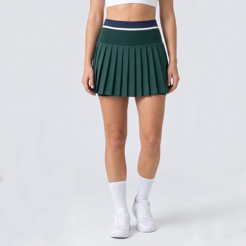 Custom Contrast Waistband Pleated Tennis Skort with Inner-Short Pocket