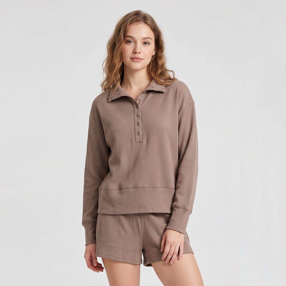Custom waffle-textured women’s loungewear set with button placket