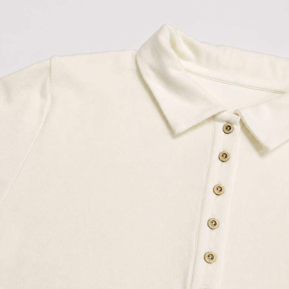 Polo collar partial placket and wooden buttons on custom lounge top