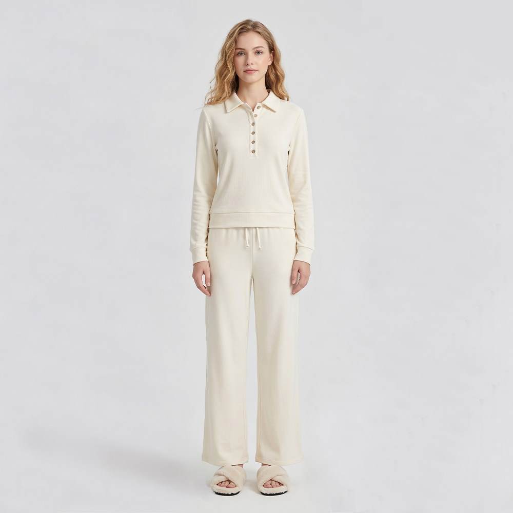 Custom double-sided velvety-feel polo lounge set with wide-leg trousers
