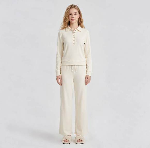 Custom Double-Sided Velvety-Feel Polo Lounge Set with Wide-Leg Trousers