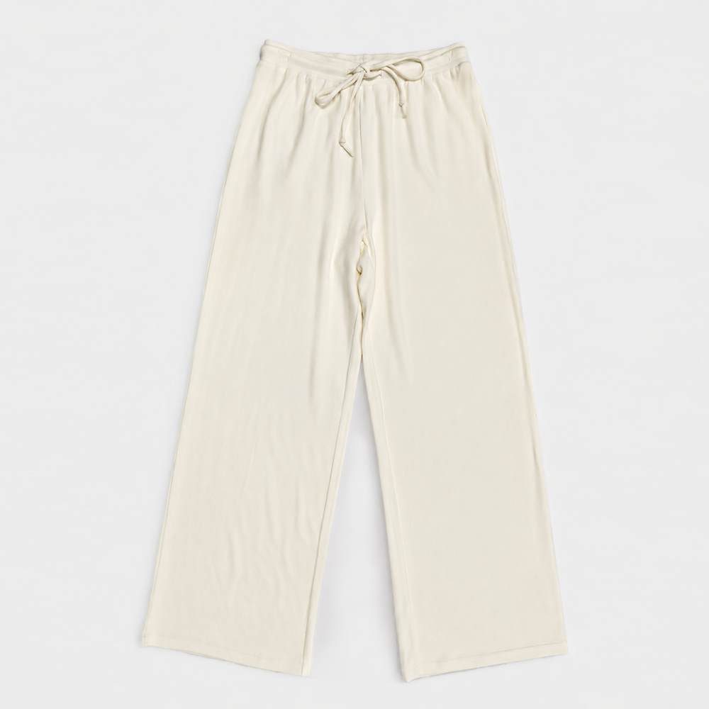 Drawstring elastic waistband on custom wide-leg lounge trousers