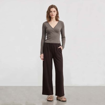 Custom Wrap-Cross V-Neck Lounge Set with Pocket Wide-Leg Trousers