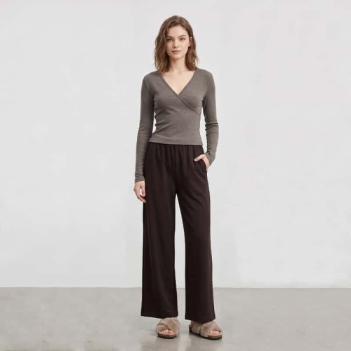 Custom Wrap-Cross V-Neck Lounge Set with Pocket Wide-Leg Trousers