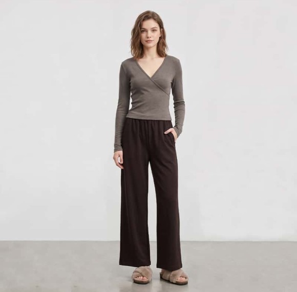 Custom Wrap-Cross V-Neck Lounge Set with Pocket Wide-Leg Trousers