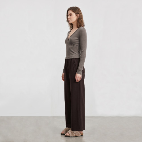 Custom Wrap-Cross V-Neck Lounge Set with Pocket Wide-Leg Trousers