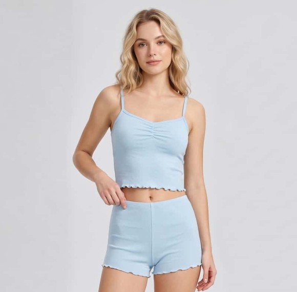 Custom Ribbed Camisole & Ruffle Shorts Lounge Set with Adjustable Straps