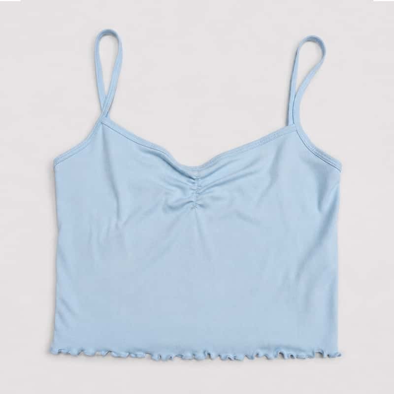 Front-center shirring and ruffle hem on the ribbed camisole