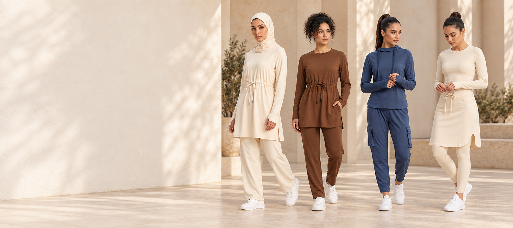 Long-sleeve activewear top and relaxed pants shown as a coordinated outfit