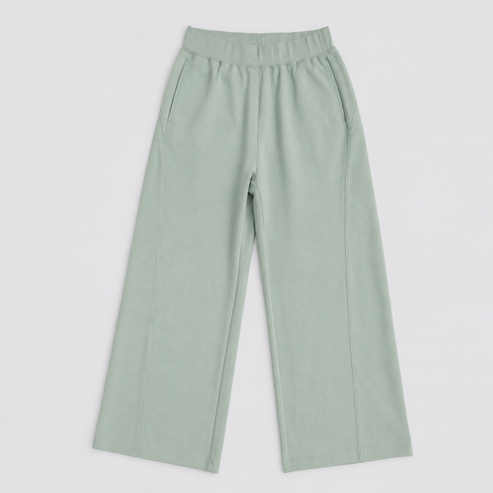 Front flat-lay of sage-green wide-leg lounge pants with gathered waistband and side pocket openings