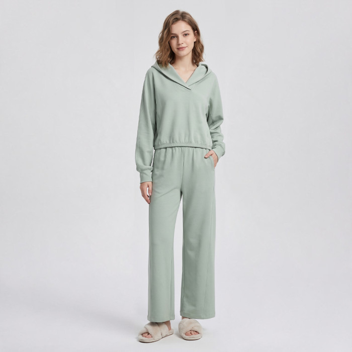 Custom V-Neck Hooded Lounge Set with Gathered Hem & Wide-Leg Pants