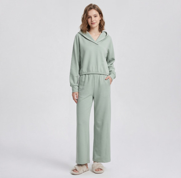 Custom V-Neck Hooded Lounge Set with Gathered Hem & Wide-Leg Pants