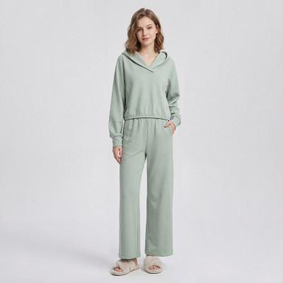 Custom V-Neck Hooded Lounge Set with Gathered Hem & Wide-Leg Pants
