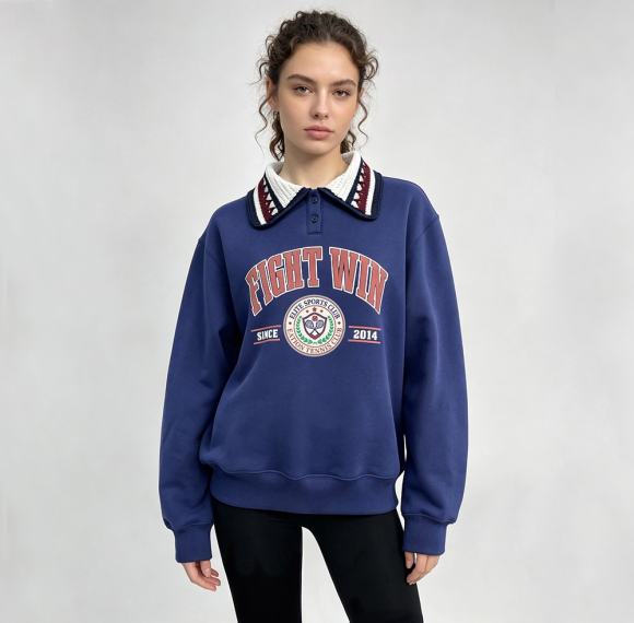 Custom Blue Cotton Polo Sweatshirt with Contrast Collar and Varsity Print