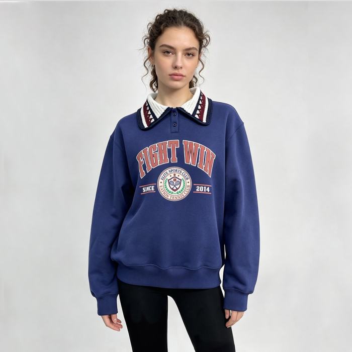 Custom Blue Cotton Polo Sweatshirt with Contrast Collar and Varsity Print