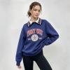 Custom Blue Cotton Polo Sweatshirt with Contrast Collar and Varsity Print