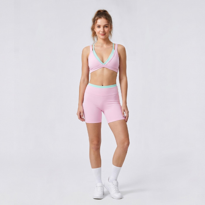 Custom Pink and Mint Mock Two-Piece Sports Bra and Yoga Shorts Set