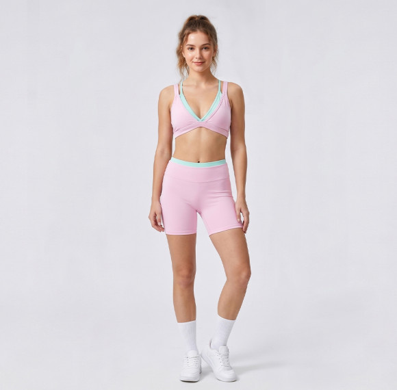 Custom Pink and Mint Mock Two-Piece Sports Bra and Yoga Shorts Set