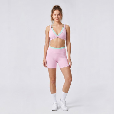 Custom Pink and Mint Mock Two-Piece Sports Bra and Yoga Shorts Set