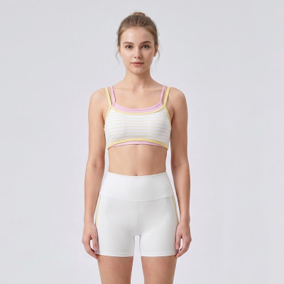 Custom Striped Mock Two-Piece Sports Bra and Contrast Binding Yoga Shorts Set