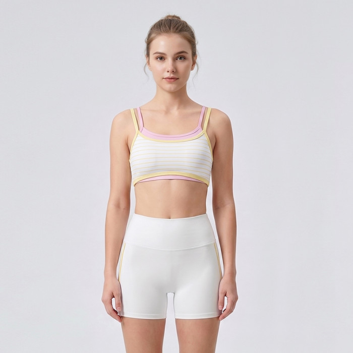 Custom Striped Mock Two-Piece Sports Bra and Contrast Binding Yoga Shorts Set