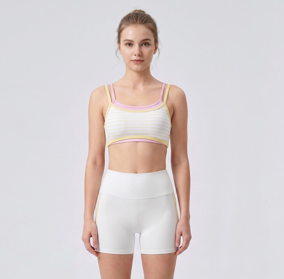Custom Striped Mock Two-Piece Sports Bra and Contrast Binding Yoga Shorts Set