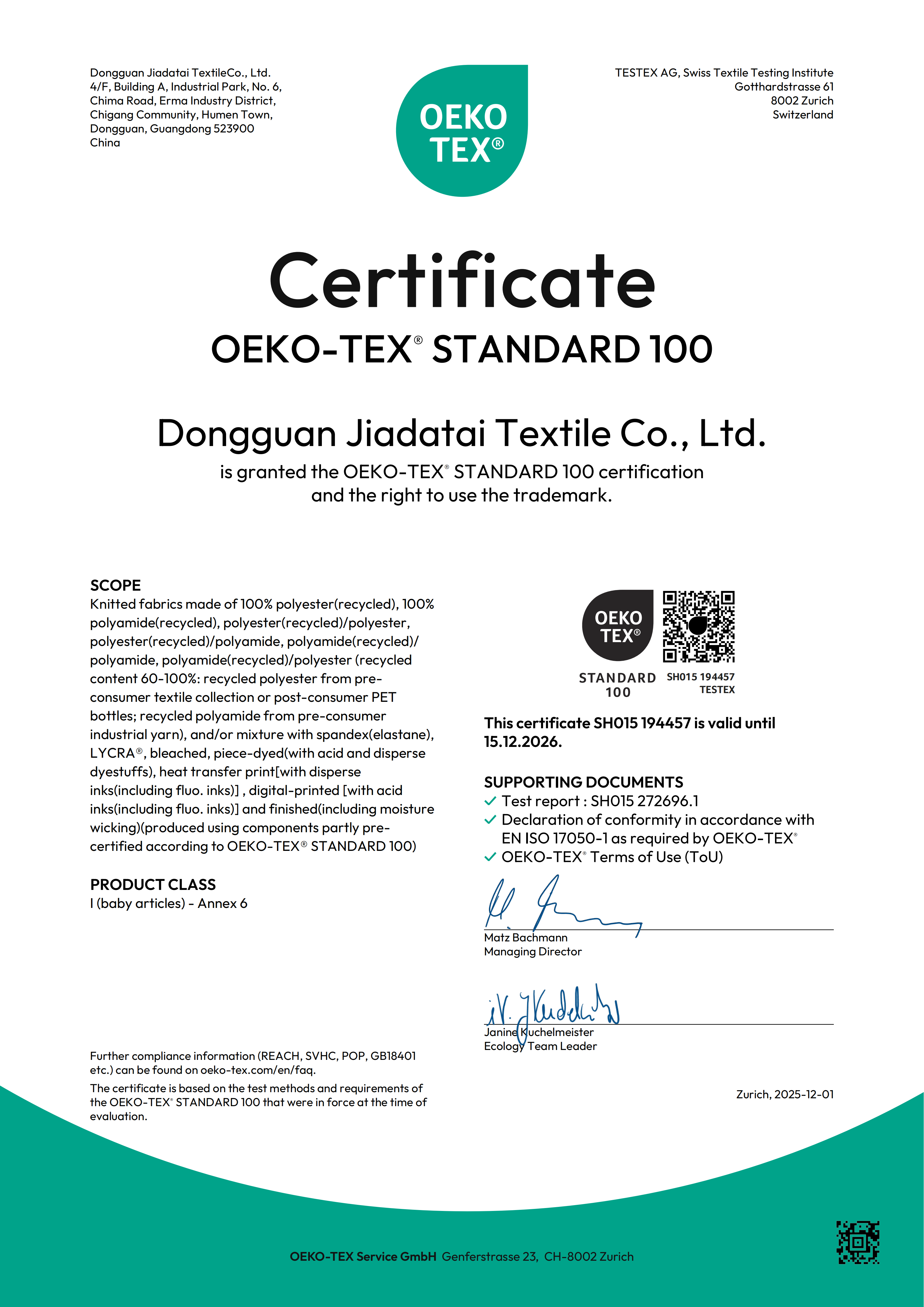 OEKO-TEX® Standard 100 Certified Dyeing Partner