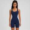 Navy Blue Color Block Biker Short Workout Bodysuit With Built-In Bra