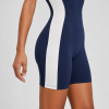 Navy Blue Color Block Biker Short Workout Bodysuit With Built-In Bra