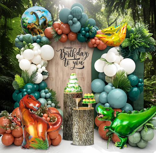 Dinosaur themed birthday girl and boy atmosphere decoration, children's party balloon set