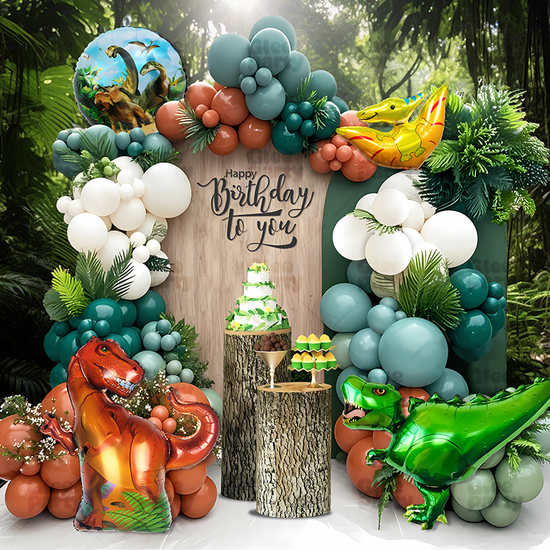 Dinosaur themed birthday girl and boy atmosphere decoration, children's party balloon set