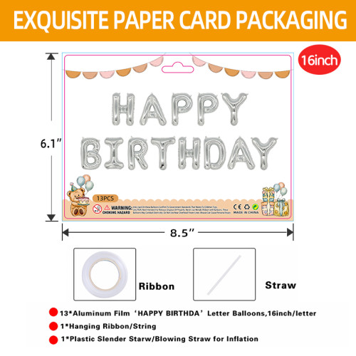 Silver Happy Birthday letters Balloon 16 inch Polyester Film Letter  Party Decoration Supplies